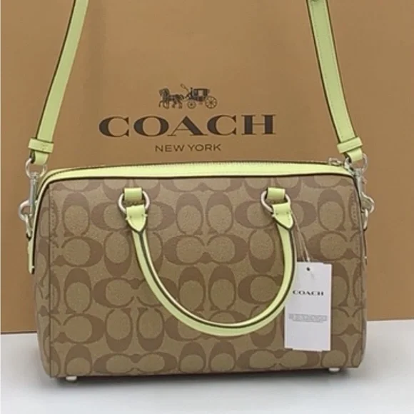 COACH  (83607) Rowan Khaki/Pale Lime Signature Medium Satchel Crossbody Handbag - Picture 8 of 16